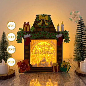 Weihnachten Kamin Box Weihnachtslaterne SVG für Cricut Projekt DIY, Kamin Box Lampe für Weihnachtsdekor, Weihnachten Schatten Box