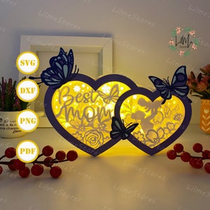 Lanterna a forma di cuore per la migliore mamma, lanterna a forma di cuore in formato SVG, scatola con ombra a forma di cuore, lanterna con silhouette di San Valentino, scatola a forma di cuore in 3D, scatola luminosa