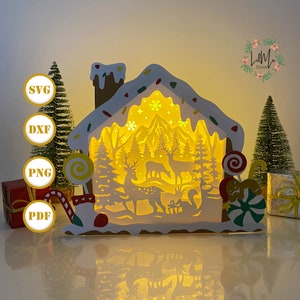 Hirsch-Lebkuchen-Laternen-Papierschnitt, Haus-Box-Laterne svg, Weihnachten Schattenbox, Weihnachtssilhouette-Laterne, Haus-Box 3d Box, Licht-Box-Svg