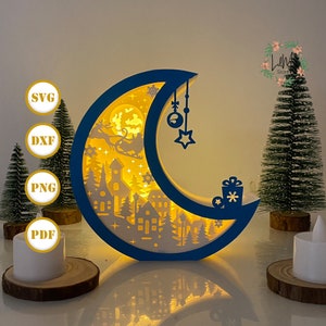 Haus Mond Weihnachtslaterne Papierschnitt, Weihnachtslaterne svg, Weihnachtsschattenbox, Weihnachtssilhouette Laterne, Mond Box 3d Box, Light Box svg