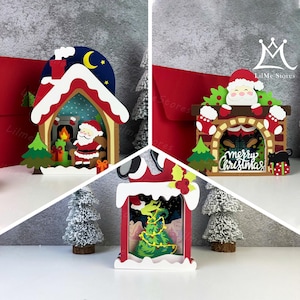 Könnte beinhalten: Drei weihnachtliche Papierauschnitte mit Weihnachtsmann und festlichen Szenen. Einer zeigt den Weihnachtsmann in einem Haus mit Kamin, ein anderer hat den Weihnachtsmann über einem Kamin mit Strümpfen, und der letzte hat einen Weihnachtsbaum.