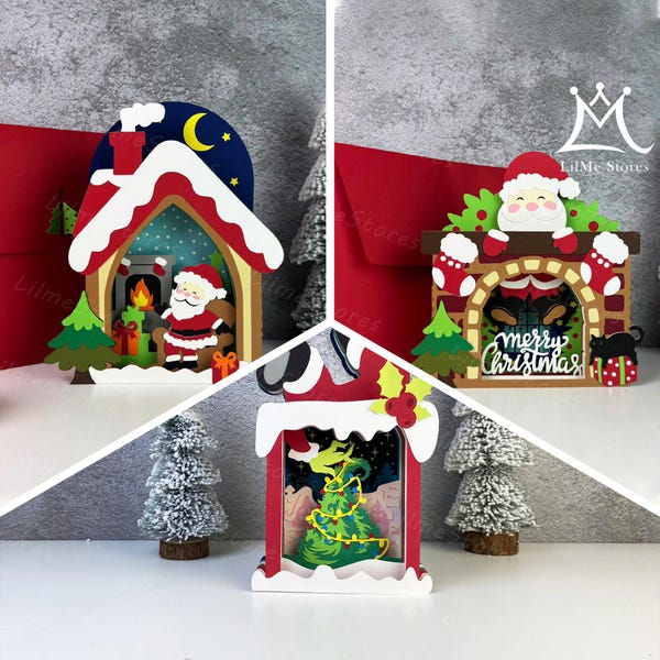 Paquete de 3 tarjetas navideñas desplegables en formato SVG, archivo de corte SVG desplegable, regalo desplegable para Cricut, SVG para manualidades en papel, caja de luz recortada en papel