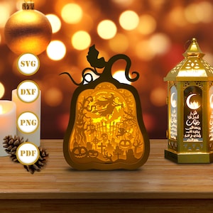 Witch Pumpkin Lantern Paper Cut, Pumpkin Lantern svg, Halloween Shadow Box, Halloween Silhouette Lantern, Pumpkin 3d Box, Light Box Svg