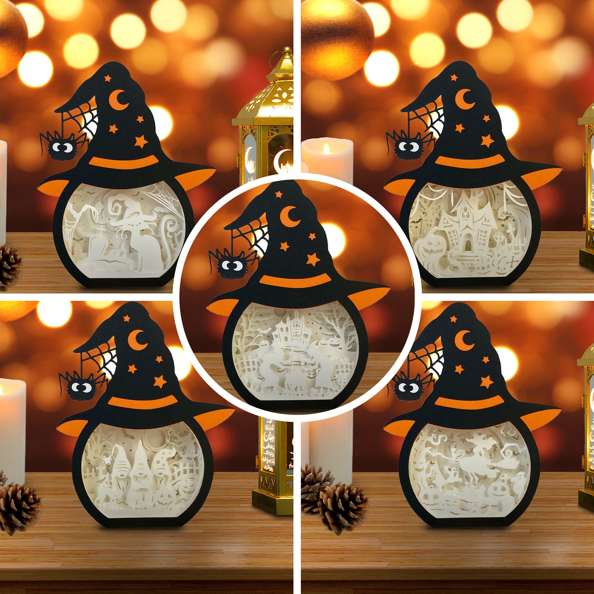 Pack 5 Witch Hat Box Halloween Lantern Paper Cut, Hat Box Lantern Svg ...