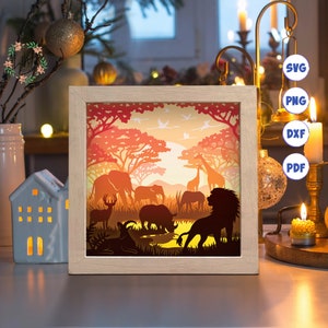 Paesaggio africano 3D 2, Shadow Box SVG, per Cricut, per Silhouette, modello a strati, file di ritaglio cartaceo