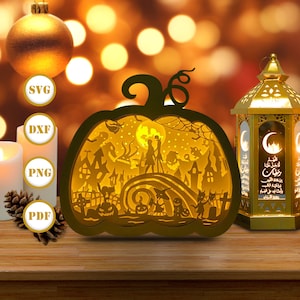 Nightmare Pumpkin Lantern Paper Cut, Pumpkin Lantern svg, Halloween Shadow Box, Halloween Silhouette Lantern, Pumpkin 3d Box, Light Box Svg