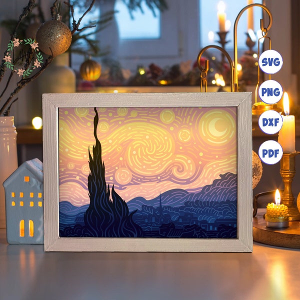 Starry Night Paper Cut Light Box Template, 3D Shadow Box SVG Files, Shadow Box Paper Cut, Light Box SVG, 3D Papercut Light Box SVG File Starry Night Paper Cut Light Box Template, 3D Shadow Box SVG Files, Shadow Box Paper Cut, Light Box SVG, 3D Papercut Light Box SVG File