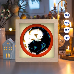 3D YinYang Cats, Shadow Box Svg, For Cricut, For Silhouette, Layered Template, Paper Cut Files