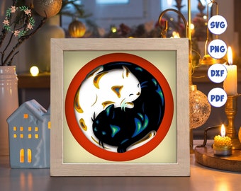 Yin Yang Cats Shadow Box SVG: Layered Paper Cut Template
