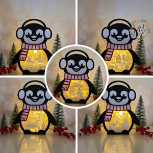 Pack 5 Penguin Box Lantern Paper Cut, Xmas Lantern svg, Xmas Shadow Box, Christmas Silhouette Lantern, Penguin Box 3d Box, Light Box Svg