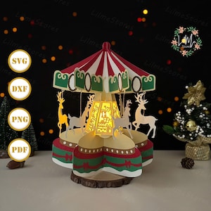 Lanterne de Noël carrousel en papier découpé, lanterne de Noël svg, boîte ombre de Noël, lanterne silhouette de Noël, boîte 3d Noël, boîte lumineuse Svg