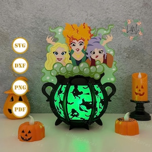 Hokus Pokus Laterne Papierschnitt, Halloween Laterne svg, Halloween Shadow Box, Halloween Silhouette Laterne, Halloween 3d Box, Light Box svg