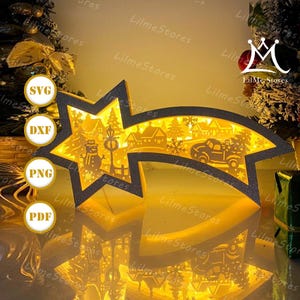 Lanterna di carta tagliata a forma di stella del villaggio di Natale, lanterna di Natale in formato SVG, scatola con ombra di Natale, lanterna con silhouette di Natale, scatola a stella in formato 3D, scatola luminosa in formato SVG 2
