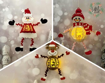 Pack 3 Christmas Lantern Paper Cut SVG: Santa, Snowman, Reindeer (Digital Files)