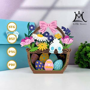 May include: A brown Easter basket with a pink bow, filled with colorful eggs and flowers. The basket features a bunny tail and is surrounded by blue, pink, and yellow flowers. The image also includes SVG, DXF, PNG, and PDF icons.