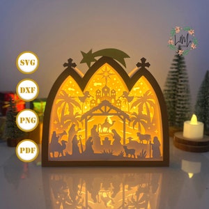 Caja de la Casa de la Natividad con 1 linterna cortada en papel, linterna navideña SVG, caja de sombras navideña, linterna de silueta navideña, caja de casa 3D, caja de luz SVG