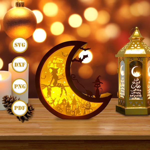 Witch Moon Halloween Lantern SVG for Cricut Projects DIY, Witch Moon Lamp For Halloween Decor, Halloween Shadow Box