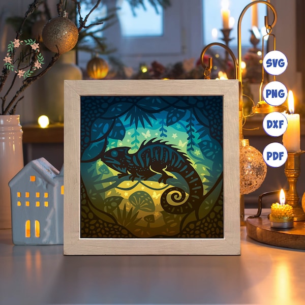 Chameleon Paper Cut Light Box Template, 3D Shadow Box SVG Files, Shadow Box Paper Cut, Light Box SVG, 3D Papercut Light Box SVG File