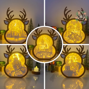Pack 5 renne boîte lanterne papier découpé, lanterne de Noël svg, boîte d'ombre de Noël, lanterne silhouette de Noël, boîte de renne 3d, boîte à lumière Svg 2