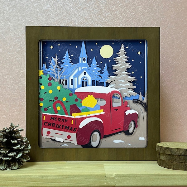 Merry Christmas Truck Shadow Box/Lightbox Snow Santa's Cabin - Christmas/ Christmas in forest 3D Paper Cut Template Light Box SVG Digital