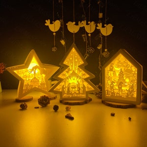 Pack 3 Christmas Lantern Paper Cut, Xmas Lantern svg, Xmas Shadow Box, Christmas Silhouette Lantern, Christmas 3d Box, Light Box Svg