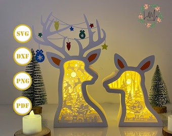 Santa & Deer Paper Cut Light Box: Christmas Lantern SVG, PDF, PNG