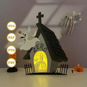 Nightmare Box 2 lantaarn papier gesneden, Halloween lantaarn svg, Halloween Shadow Box, Halloween silhouet lantaarn, 3D-box Halloween, lichtbak