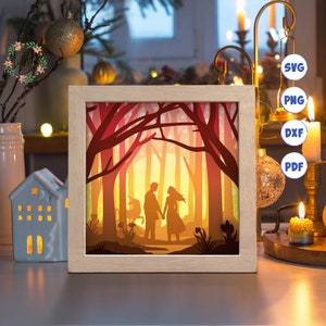 Couple 3D dans la forêt, Shadow Box Svg, pour Cricut, pour la Silhouette, modèle en couches, fichiers découpés en papier