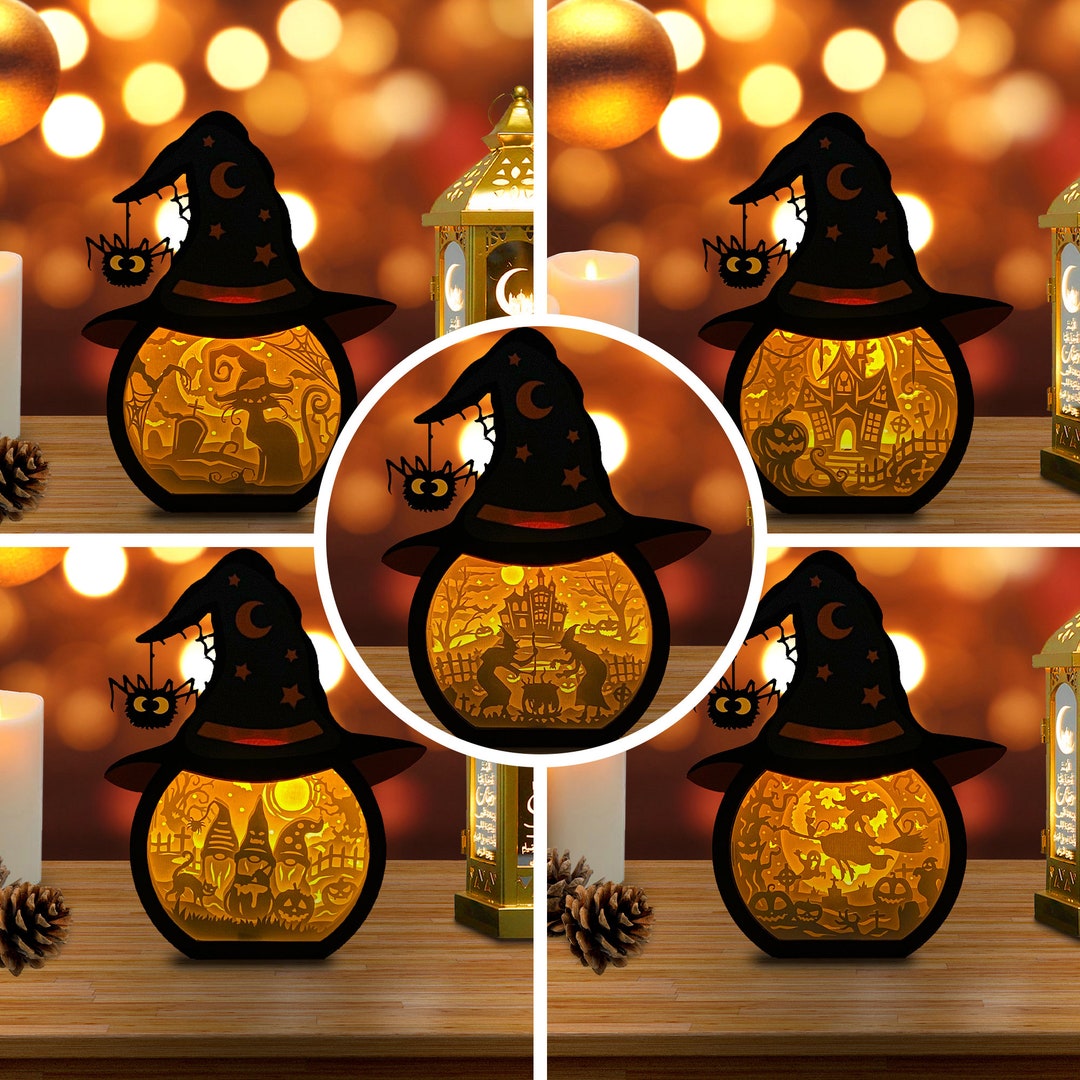 Pack 5 Witch Hat Box Halloween Lantern Paper Cut, Hat Box Lantern Svg ...
