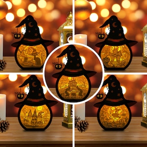 Pack 5 Witch Hat Box Halloween Lantern Paper Cut, Hat Box Lantern svg, Halloween Shadow Box, Halloween Silhouette Lantern, Halloween 3d Box