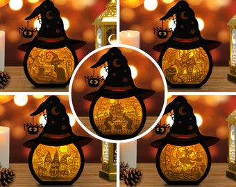 Pack 5 Witch Hat Box Halloween Lantern Paper Cut, Hat Box Lantern svg, Halloween Shadow Box, Halloween Silhouette Lantern, Halloween 3d Box