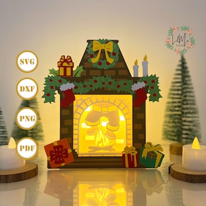 Père Noël cheminée boîte lanterne papier découpé, lanterne de Noël svg, boîte d'ombre de Noël, lanterne silhouette de Noël, boîte 3d de cheminée, boîte lumineuse Svg