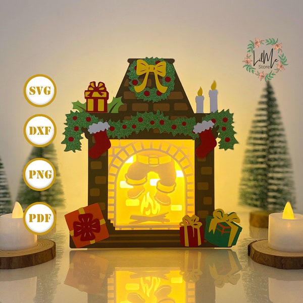 Santa Kamin Box Weihnachtslaterne SVG für Cricut Projekt DIY, Kamin Box Lampe für Weihnachtsdekor, Weihnachten Schatten Box