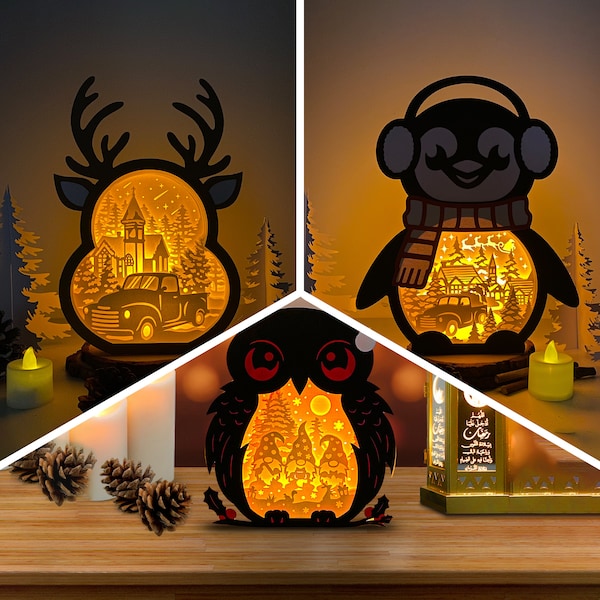 Pack 3 Christmas 8 Lantern SVG for Cricut Projects DIY, Christmas Box Lamp For Christmas Decor, Christmas Shadow Box