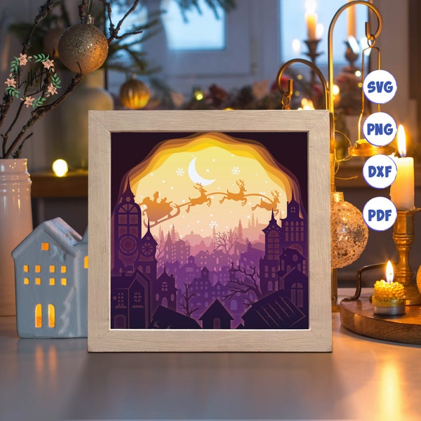 Christmas Town Paper Cut Light Box Template, 3D Shadow Box SVG Files, Shadow Box Paper Cut, Light Box SVG, 3D Papercut Light Box SVG File
