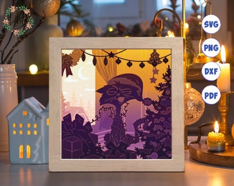 3D Christmas Cat Shadow Box SVG: Layered Paper Cut Template