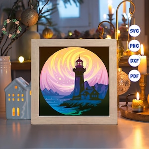 Puede incluir: Una impresión artística enmarcada con una ilustración de un faro. La obra de arte representa un faro azul oscuro en una costa rocosa, sobre un cielo arremolinado amarillo y rosa. El marco es de color claro, y el tema general es costero y náutico.
