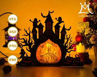 Nightmare Castle Lantern Paper Cut: Halloween Shadow Box SVG (Digital Download))