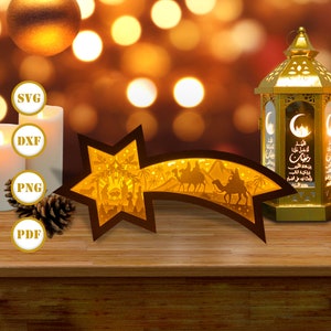 Papier découpé pour lanterne boîte étoile crèche, lanterne de Noël svg, boîte ombre de Noël, lanterne silhouette de Noël, boîte étoile 3d, boîte lumineuse Svg