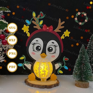 Pingouin 2 lanterne papier découpé, svg lanterne pingouin, boîte ombre pingouin, lanterne Silhouette de Noël, boîte 3d Noël, caisson lumineux SVG
