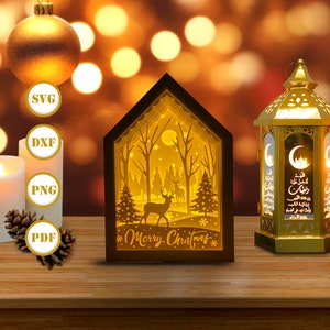 Weihnachten 2 Haus Box Laterne Papierschnitt, Weihnachtslaterne svg, Weihnachtsschatten Box, Weihnachtssilhouette Laterne, Haus Box 3d Box, Light Box svg