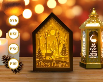 Christmas 2 House Box Lantern Paper Cut, Xmas Lantern svg, Xmas Shadow Box, Christmas Silhouette Lantern, House Box 3d Box, Light Box Svg