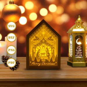Nativity Scene 2 House Box Lantern Paper Cut, Xmas Lantern svg, Xmas Shadow Box, Xmas Silhouette Lantern, House Box 3d Box, Light Box Svg