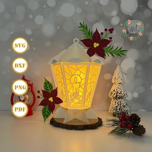 Lanterne de Noël 3 découpée dans du papier, svg de lanterne de Noël, boîte d'ombre de Noël, lanterne de silhouette de Noël, boîte de Noël 3d, Svg de boîte à lumière
