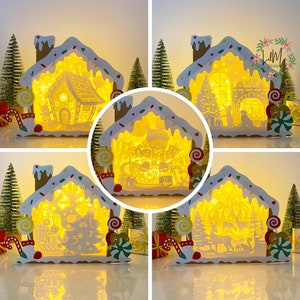 Pack 5 Weihnachten Lebkuchenhaus Box Laterne SVG für Cricut Project DIY, Lebkuchenhaus Box Lampe für Weihnachtsdekor, Weihnachten Schattenbox