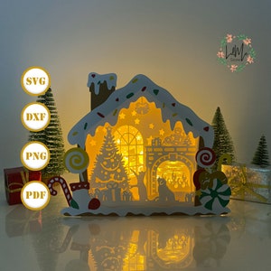 Lanterna di carta tagliata a forma di casetta di pan di zenzero, lanterna di Natale in formato SVG, scatola con ombra di Natale, lanterna con silhouette di Natale, scatola con casa in 3D, scatola luminosa