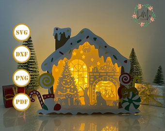 Fireplace Gingerbread House Box Lantern Paper Cut, Xmas Lantern svg, Xmas Shadow Box, Xmas Silhouette Lantern, House Box 3d Box, Light Box