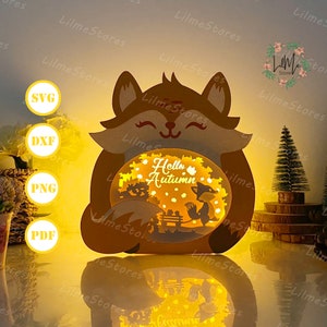Bonjour automne renard boîte lanterne papier découpé, lanterne animale svg, boîte ombre animale, lanterne silhouette animale, boîte animal boîte 3d