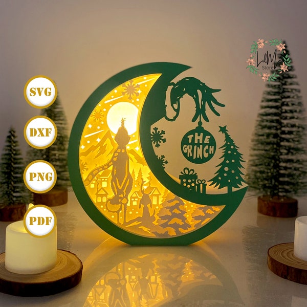 Joyeux Noël lune lanterne SVG pour Cricut Projects DIY, lampe de lune de Noël pour décoration de Noël, boîte d'ombre de Noël