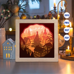Weihnachtsdorf 2 Papierschnitt Licht Box Vorlage, 3D Schatten Box SVG-Dateien, Schatten Box Papierschnitt, Light Box SVG, 3D Papierschnitt Light Box SVG